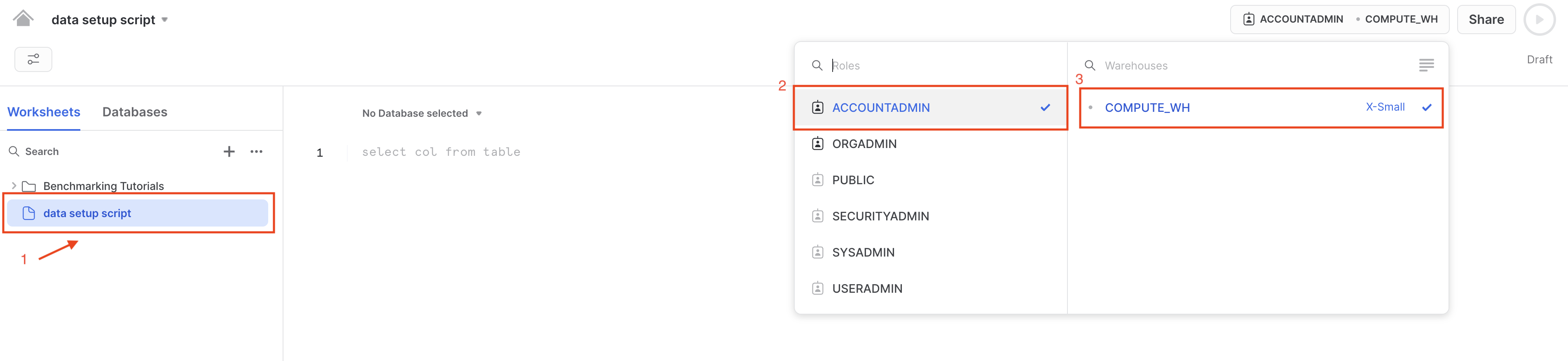 Rename worksheet and select warehouse